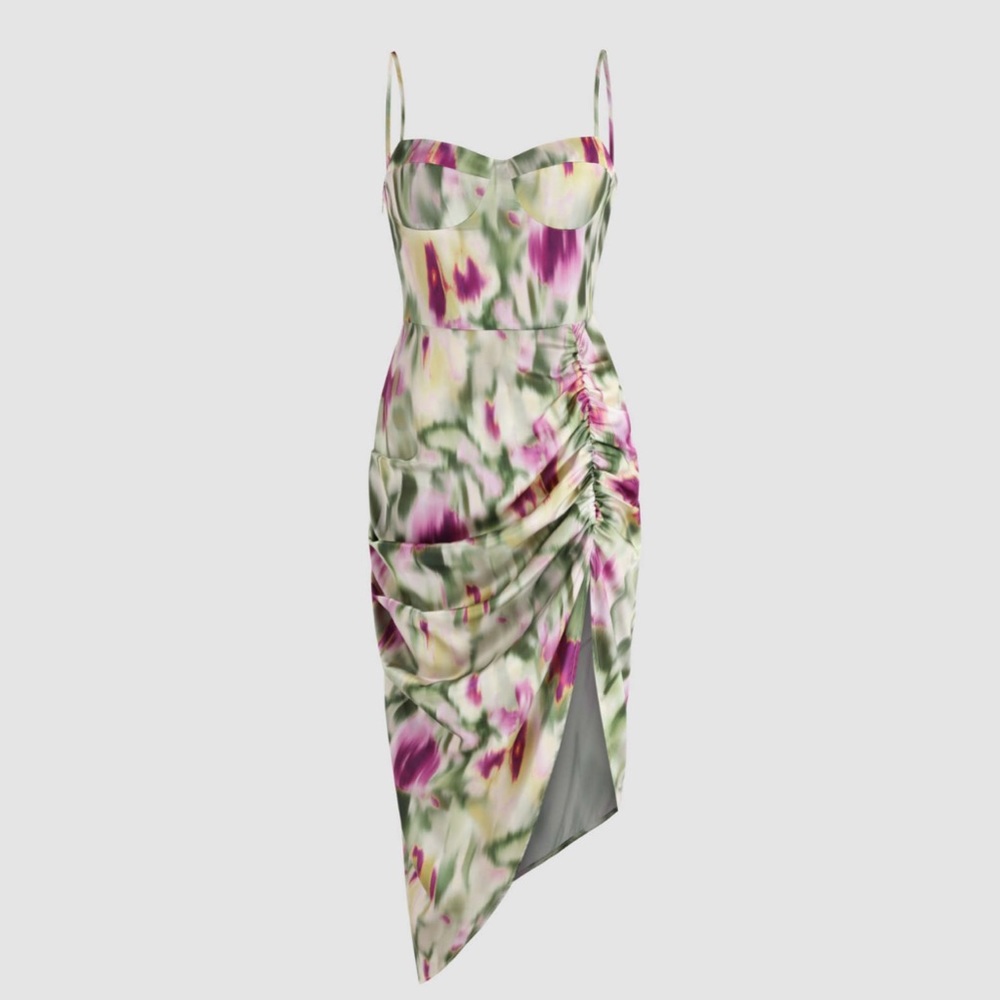 Asymmetrical midi ruched floral dress